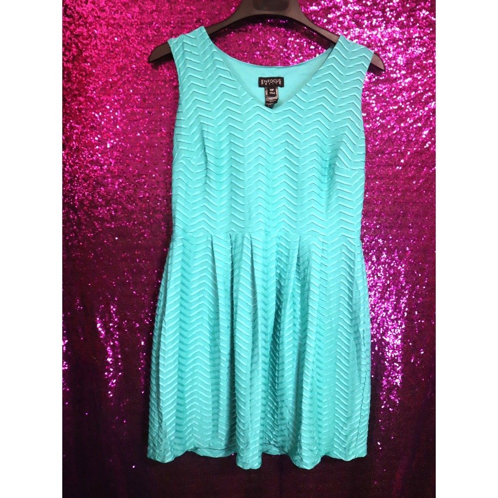 Seafoam Aqua Chevron Dress 10P Enfocus Petite Women Sleeveless Fit & Flare Y2K
